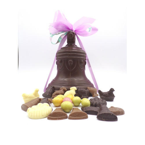 Cloche n°4 de pâques au chocolat Noir garnie, 600 gr, 21 cm avec boite décor 1 Cloche n°4 de pâques au chocolat Noir garnie, 600 gr, 21 cm avec boite décor