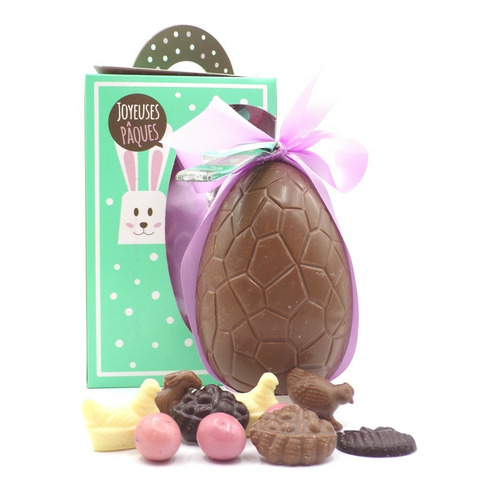 Oeuf de pâques au chocolat au Lait garni, 330 gr,15 cm,avec boite décor 1 Oeuf de pâques au chocolat au Lait garni, 330 gr,15 cm,avec boite décor