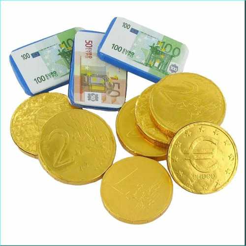 Pieces et billets au chocolat au lait filet de 100g Pieces et billets au chocolat au lait filet de 100g