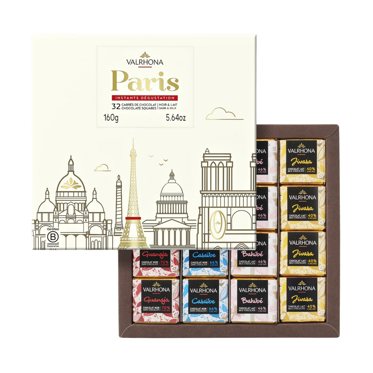 Coffret Paris 32 carrés chocolat noir et lait Valrhona 160gr