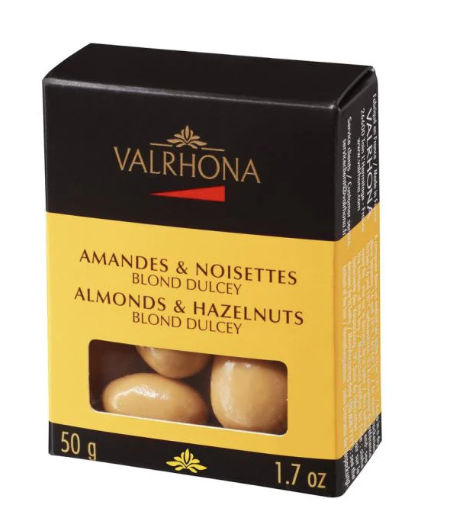 Amandes et noisettes enrobées de chocolat Dulcey – 50 g – Valrhona
