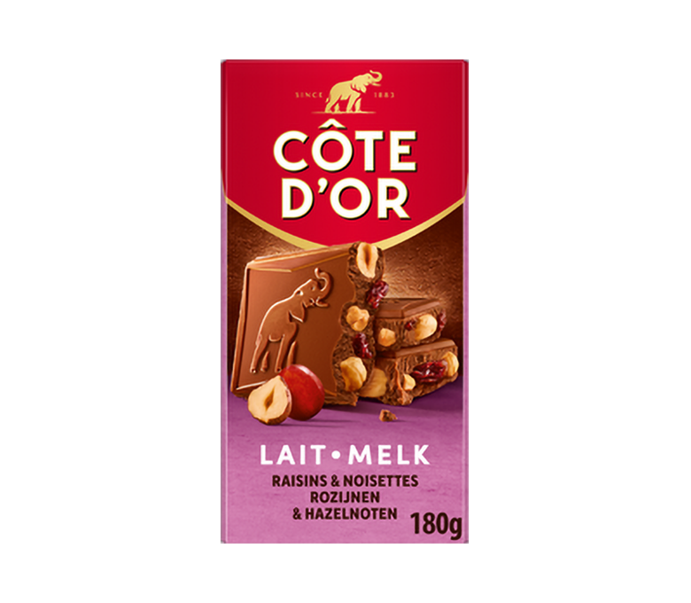 Tablette Lait Raisins Et Noisettes Entières 180gr CÔTE D'OR