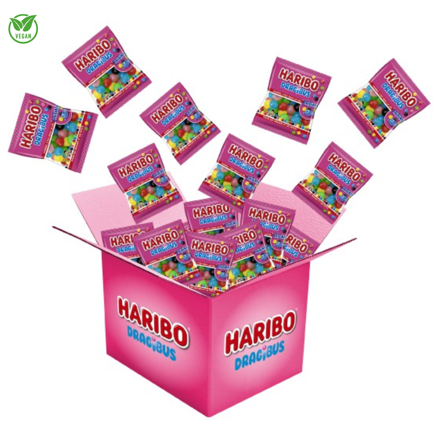 Carton de 750 sachets de Dragibus Haribo, bonbons colorés et fruités pour les gourmands.