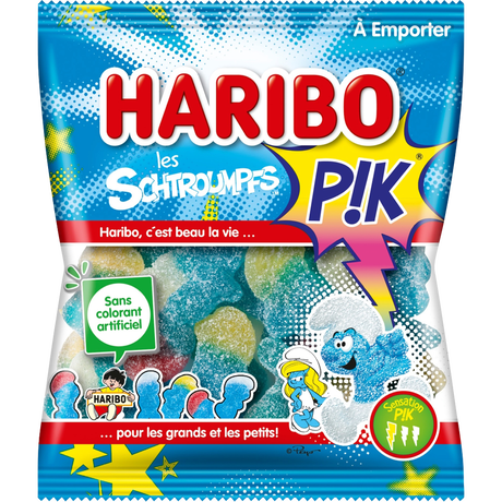 Carton de schtroumpfs pik Haribo, 30 sachets de 120g pour un plaisir sucré.
