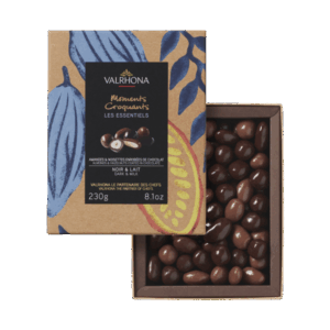 Coffret Valrhona avec amandes et noisettes en chocolat noir et lait, 230g de délices gourmands.