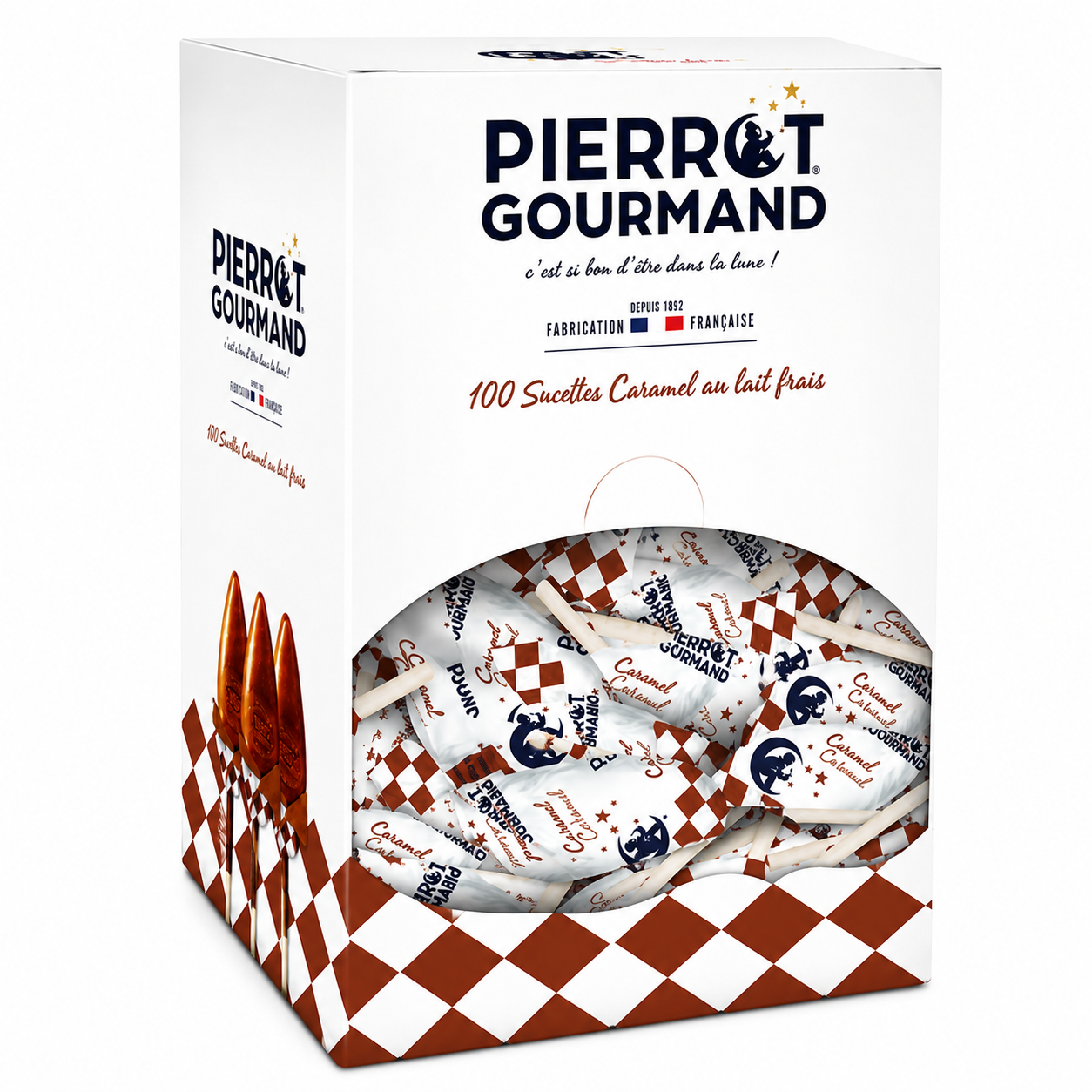 Boite de 100 sucettes caramel 1.3Kg Pierrot Gourmand