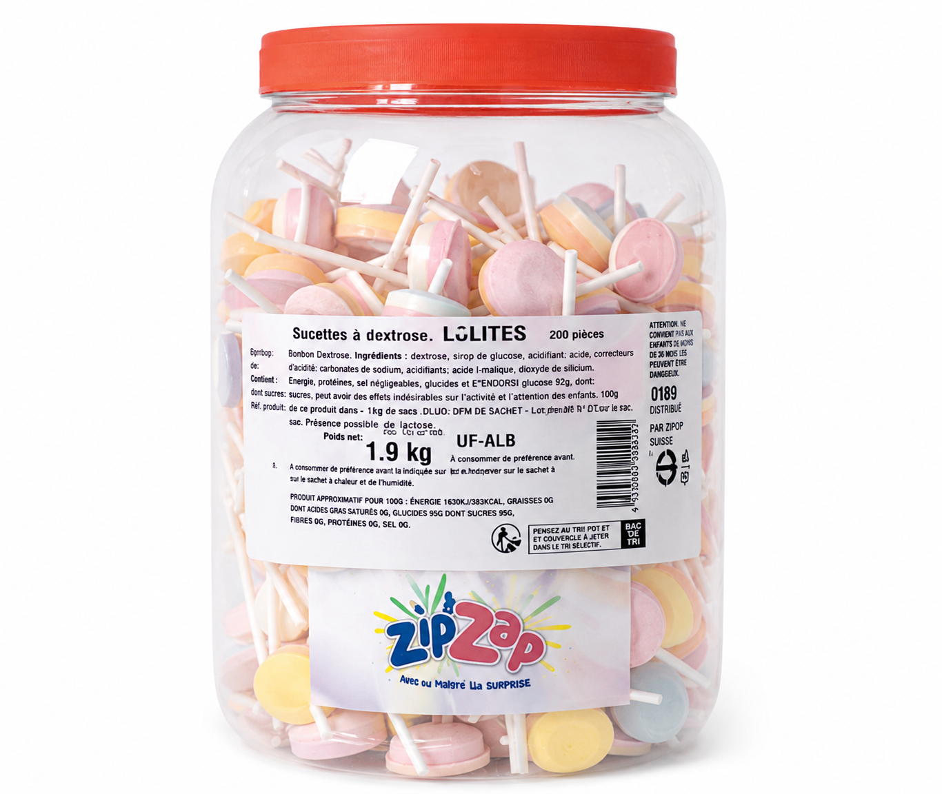 Lollies au Dextrose – Tubo de 200 pièces – Zip & Zap