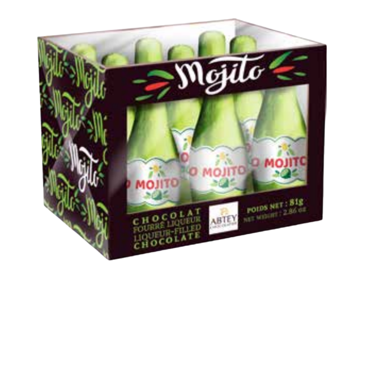 Casier de 9 pièces de chocolat liqueur Mojito Abtey, un délice rafraîchissant à savourer.