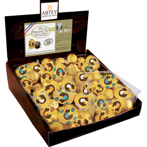 Abtey Chocolatier - Présentoir Œufs Pralinés en Chocolat au Lait - Praliné Supérieur & Noisettes - 72 Œufs Individuels - Chocolat Sans Alcool - Idéal pour Pâques & Cadeaux Gourmands