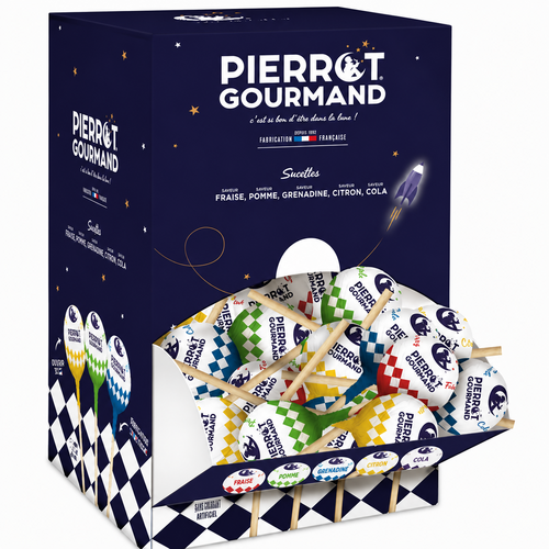 Boite de 150 sucettes aux fruits Pierrot Gourmand
