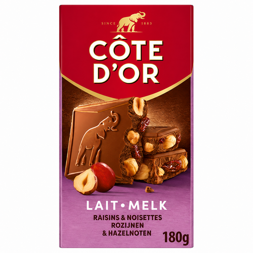 Tablette chocolat au lait raisins et noisettes entières 180 g Côte d'Or