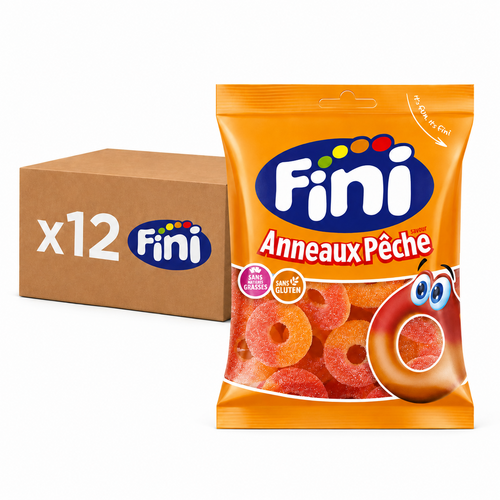 Carton de 12 sachets Anneaux Pêche Fizz Halal Fini 90 g
