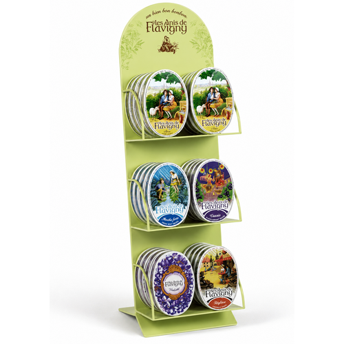 6 displays de 12 boîtes ovales Anis de Flavigny avec présentoir de comptoir offert