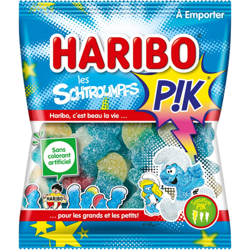 Carton de schtroumpfs pik Haribo, 30 sachets de 120g pour un plaisir sucré.
