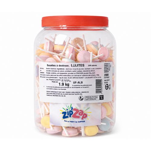 Lollies au Dextrose – Tubo de 200 pièces – Zip &amp Zap