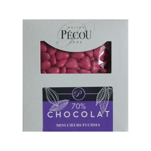 Mini cœurs au chocolat 70% fuchsia grenadine 1kg Pécou